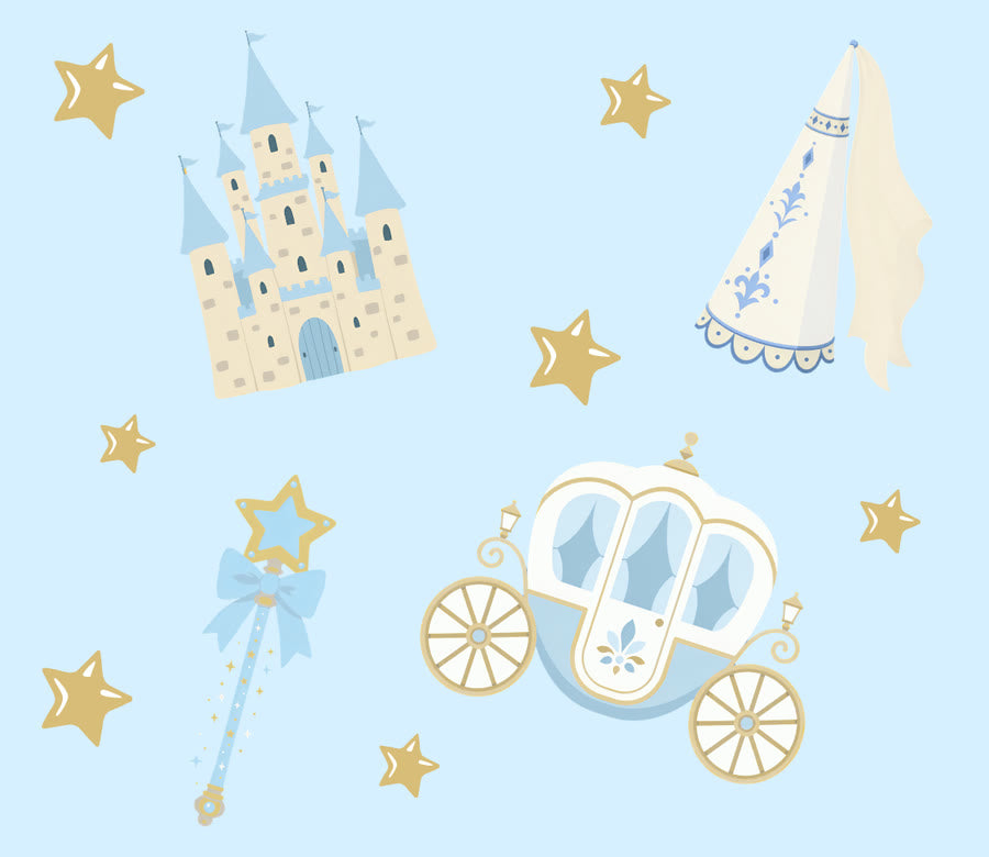 Spellbound sticker sheet with a castle, princess hat, wand and carriage